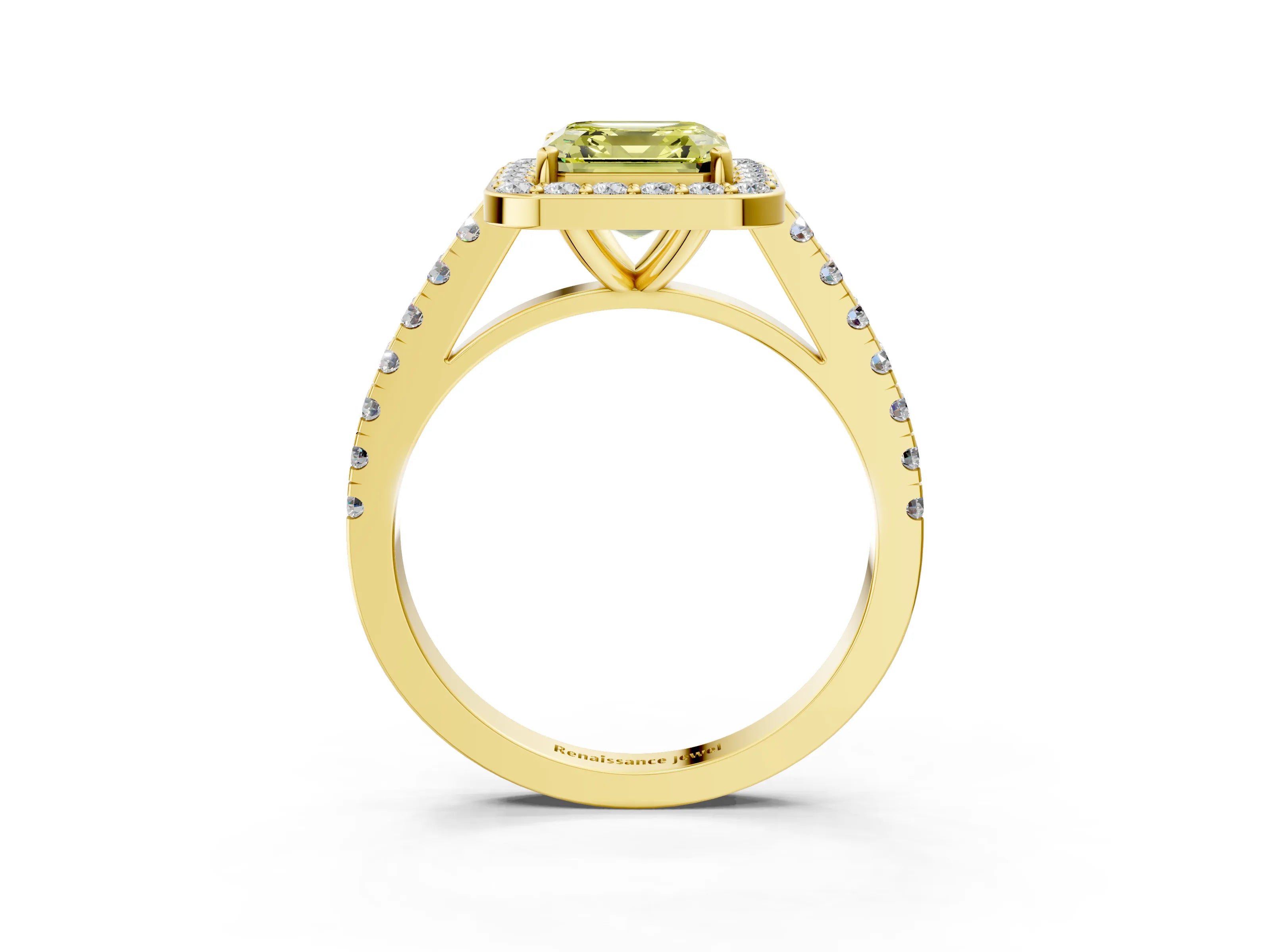 Yellow gold Fancy Yellow Asscher Cut Halo Diamond Ring with Pavé Band and Three-Prong Setting_3