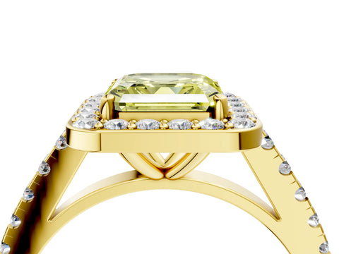 Yellow gold Fancy Yellow Asscher Cut Halo Diamond Ring with Pavé Band and Three-Prong Setting_4