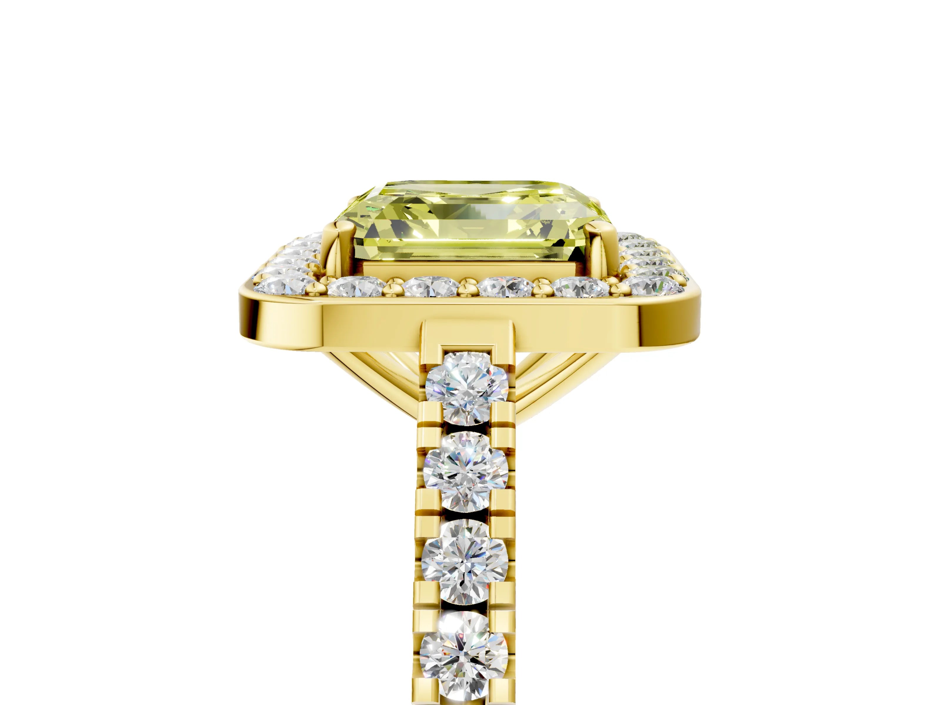 Yellow gold Fancy Yellow Asscher Cut Halo Diamond Ring with Pavé Band and Three-Prong Setting_5