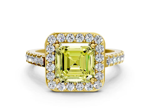 Yellow gold Fancy Yellow Asscher Cut Halo Diamond Ring with Pavé Band and Three-Prong Setting