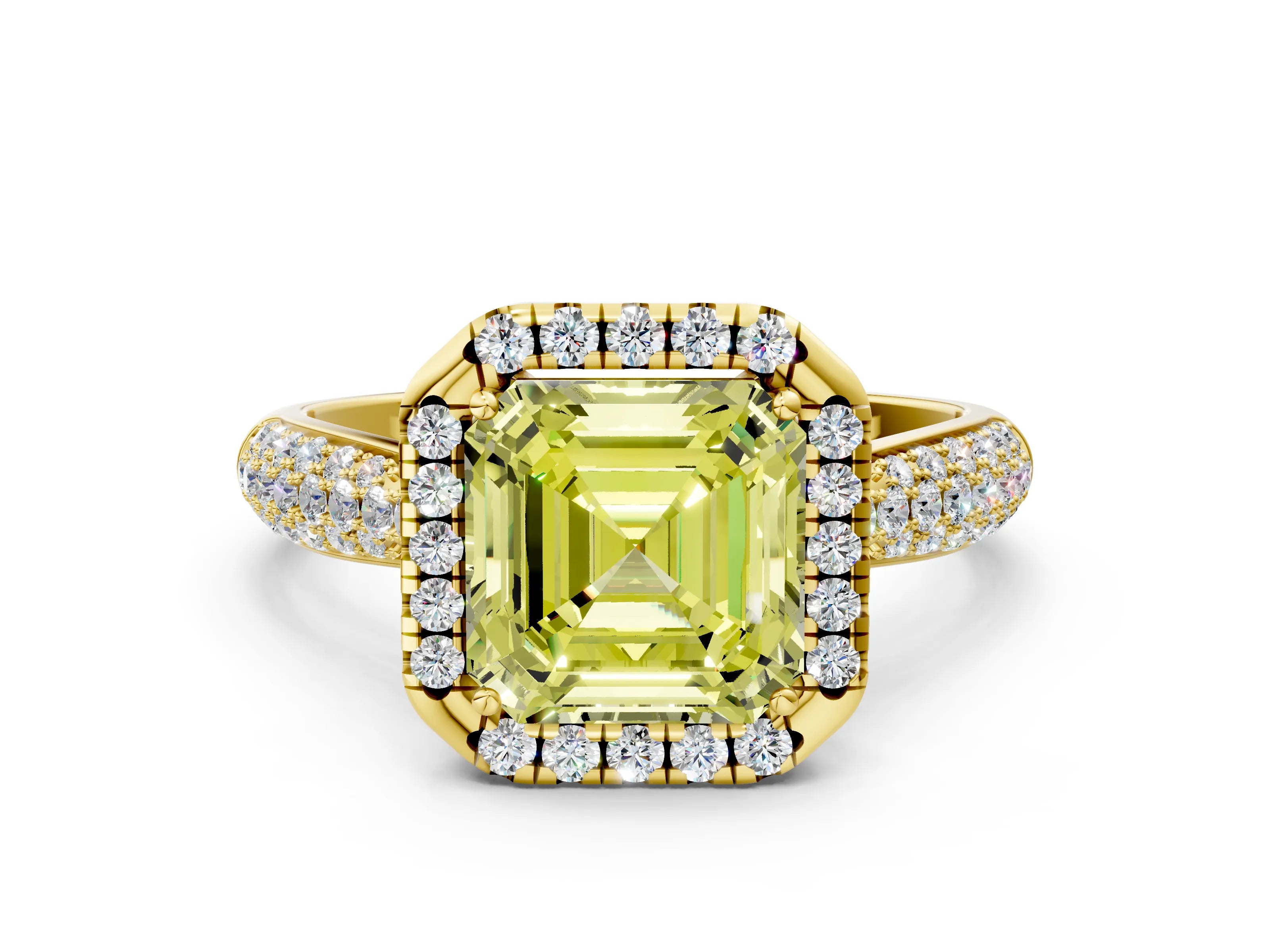 Yellow gold Fancy Yellow Asscher Cut Halo Diamond Ring with Pavé Band
