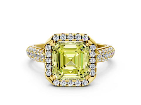 Yellow gold Fancy Yellow Asscher Cut Halo Diamond Ring with Pavé Band