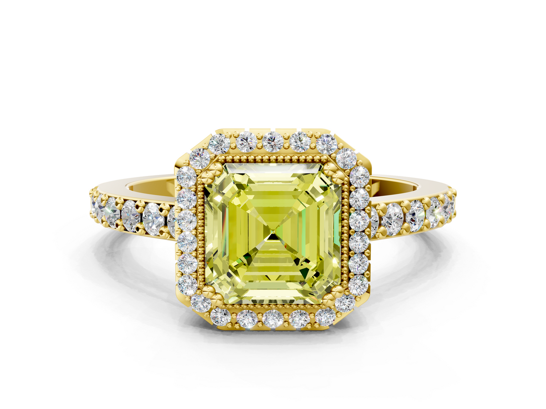 Yellow gold Fancy Yellow Asscher  Cut Halo Diamond Ring with Pave Band and Four-Prong Setting_17