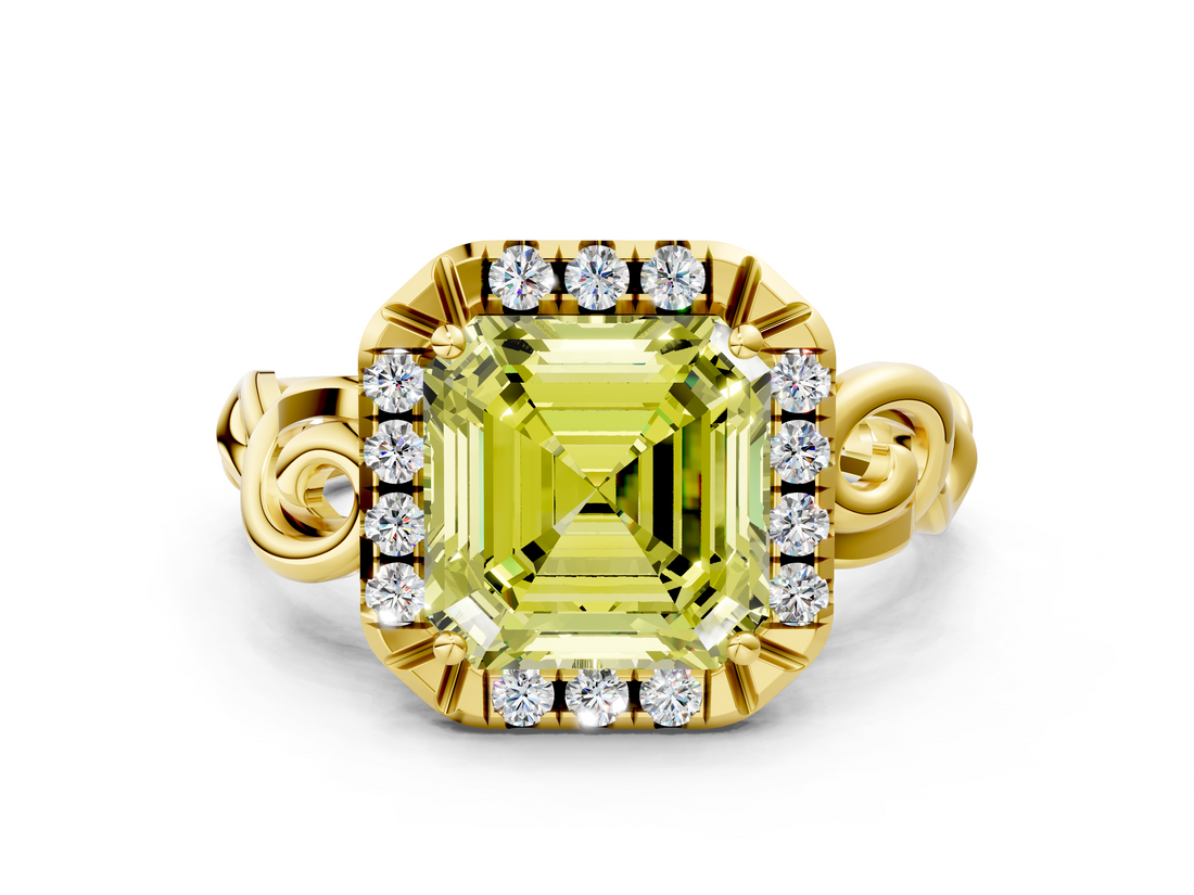 Yellow gold Fancy Yellow Asscher  Cut Halo Diamond Ring with Scrollwork Band and Four-Prong Setting