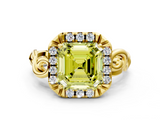 Yellow gold Fancy Yellow Asscher  Cut Halo Diamond Ring with Scrollwork Band and Four-Prong Setting