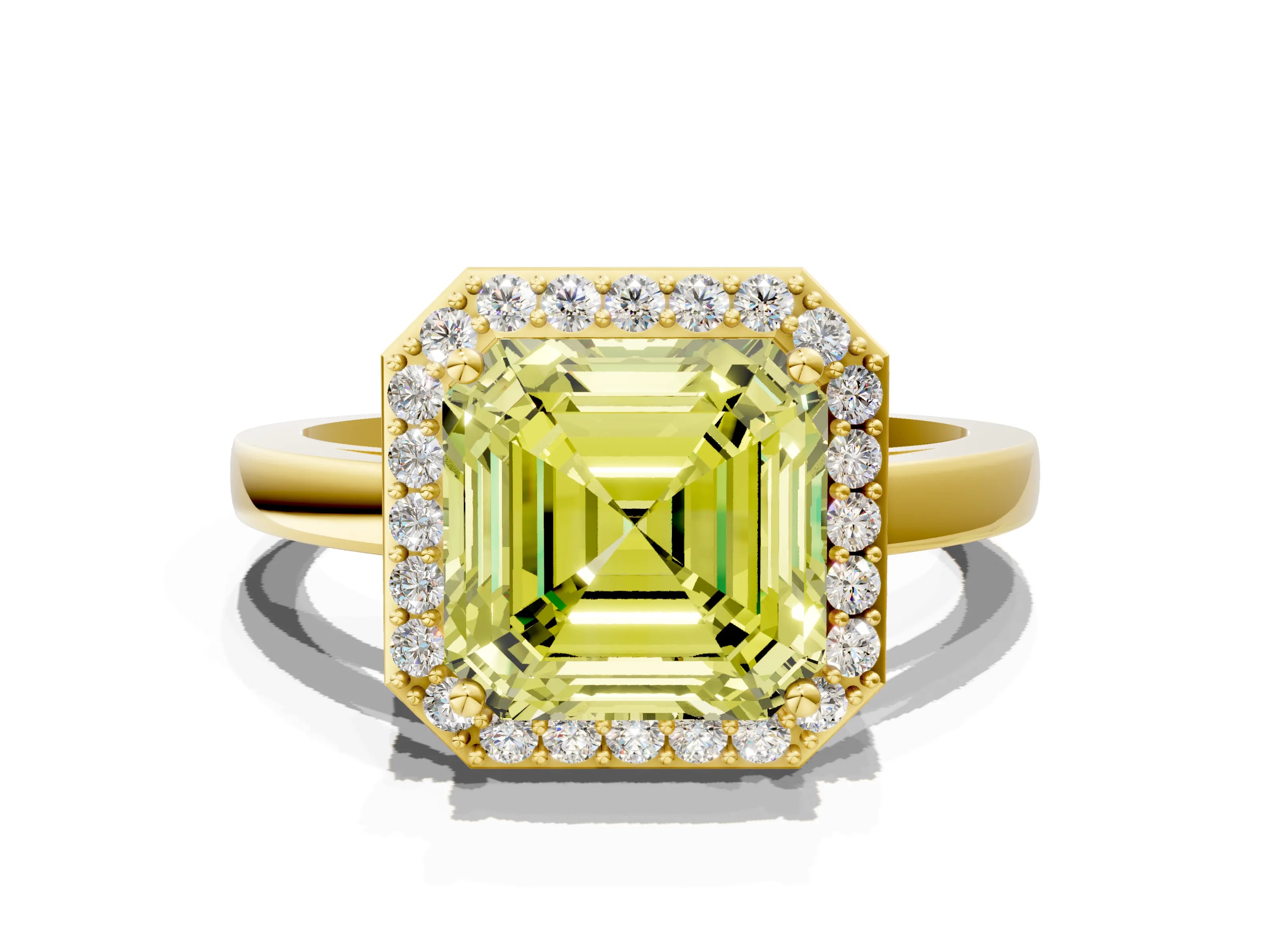 Yellow gold Fancy Yellow Asscher Cut Halo Diamond Ring with Solitaire Band and Prong Setting