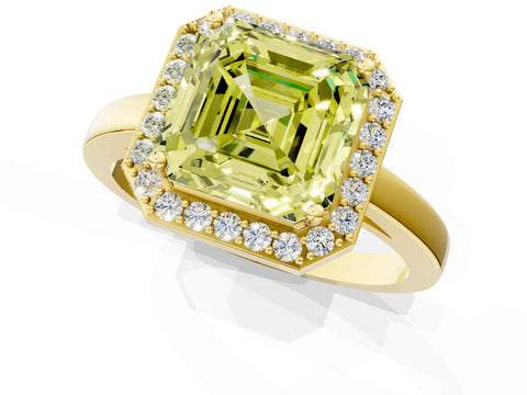 Yellow gold Fancy Yellow Asscher Cut Halo Diamond Ring with Solitaire Band and Prong Setting_1