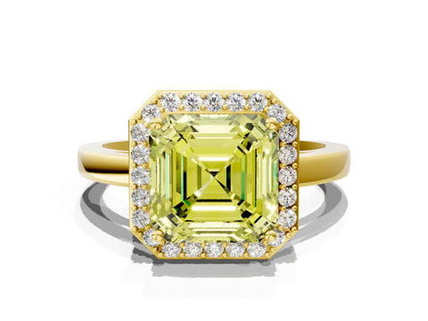 Yellow gold Fancy Yellow Asscher Cut Halo Diamond Ring with Solitaire Band and Prong Setting