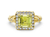 Yellow gold Fancy Yellow Asscher Cut Halo Diamond Solitaire with Filigree Band and Four-Prong Setting