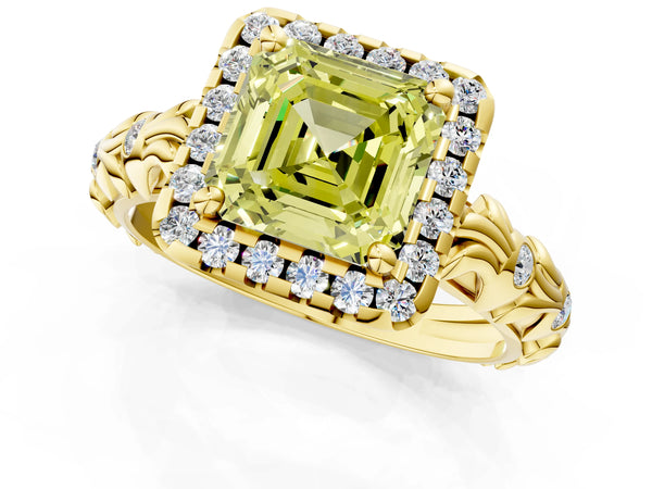 Yellow Gold Asscher Cut Leaf Halo Engagement Ring Setting for Fancy Yellow Center