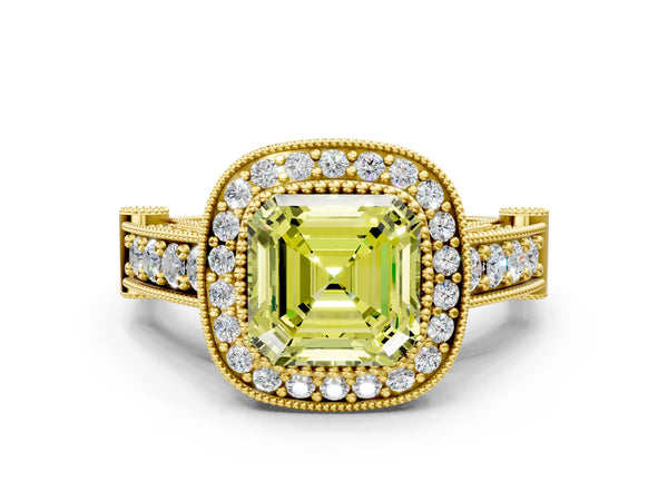 Yellow Gold Asscher Cut Vintage Bezel Halo Engagement Ring Setting for Fancy Yellow Center