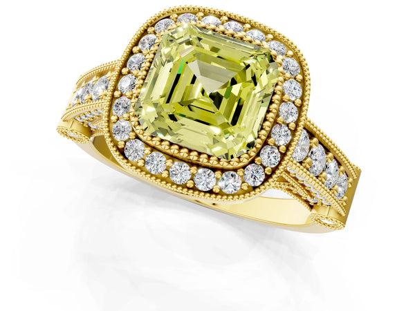 Yellow Gold Asscher Cut Vintage Bezel Halo Engagement Ring Setting for Fancy Yellow Center