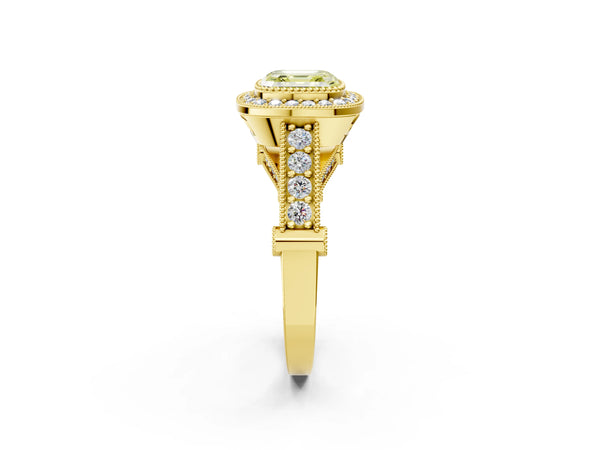 Yellow Gold Asscher Cut Vintage Bezel Halo Engagement Ring Setting for Fancy Yellow Center