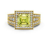 Yellow gold Fancy Yellow Asscher Cut Halo Diamond Split Shank Ring with Prong Setting