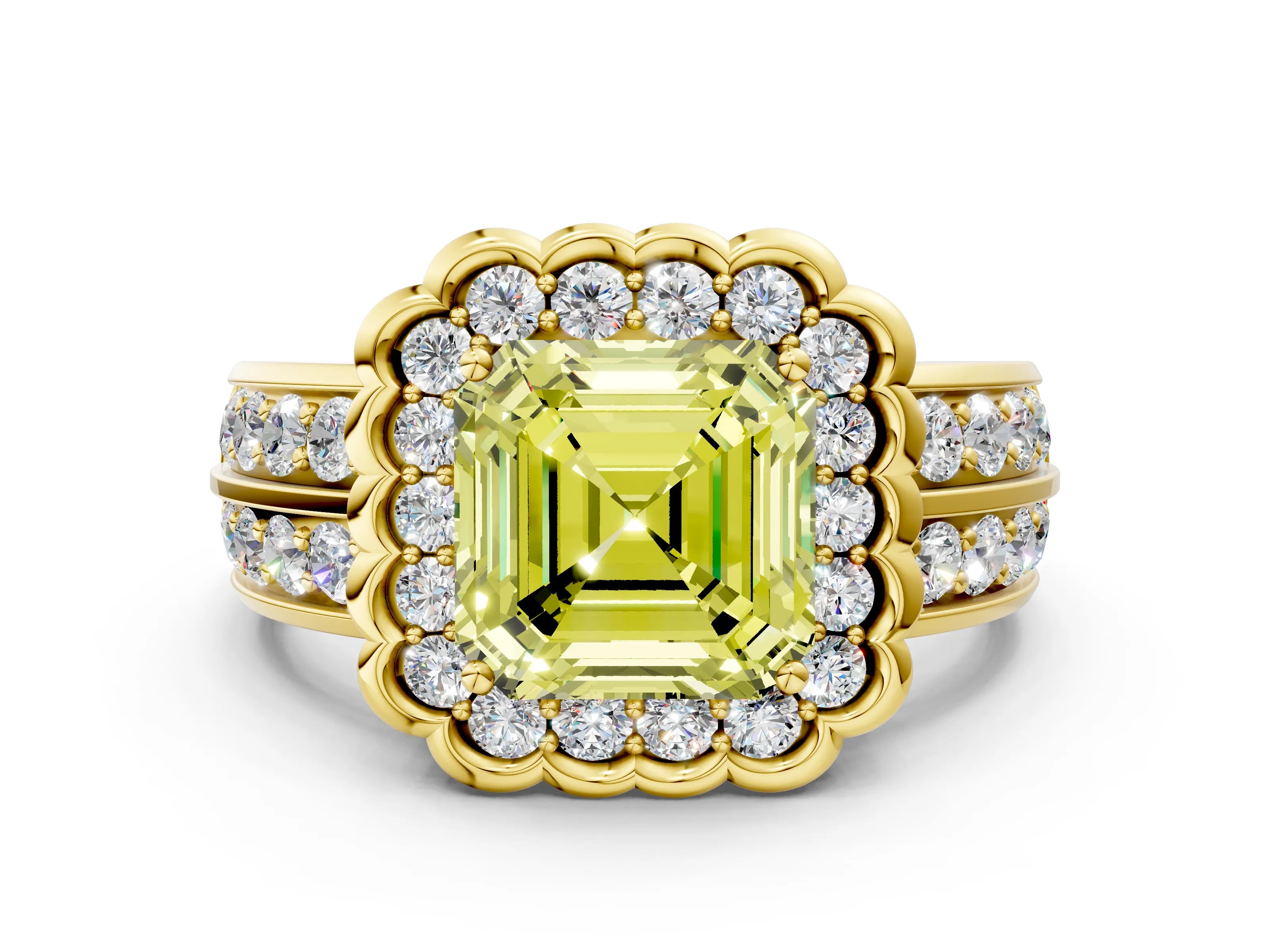 Yellow gold Fancy Yellow Asscher Cut Halo Diamond Split Shank Ring with Scalloped Prong Setting