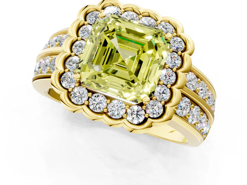 Yellow gold Fancy Yellow Asscher Cut Halo Diamond Split Shank Ring with Scalloped Prong Setting_1