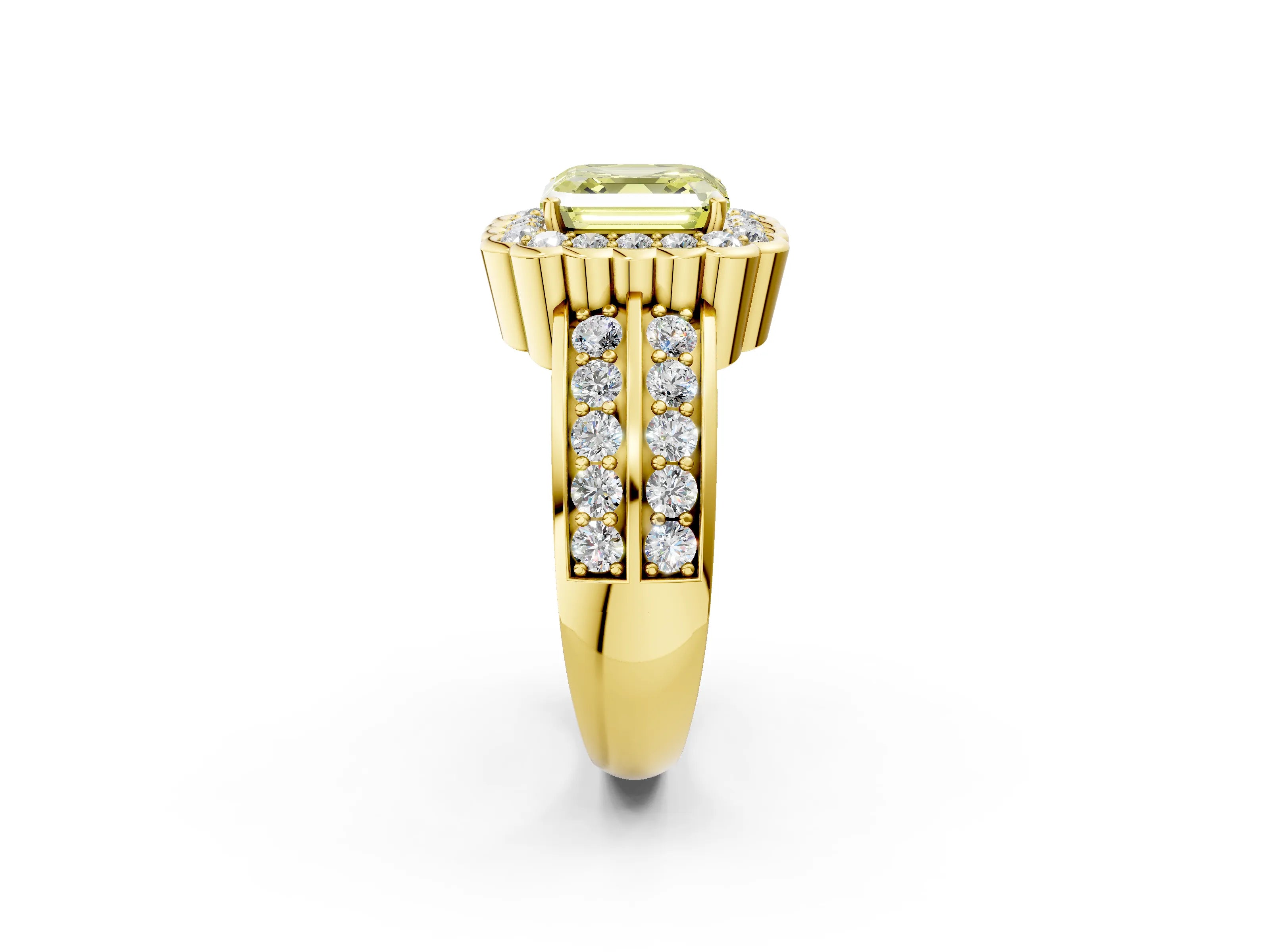 Yellow gold Fancy Yellow Asscher Cut Halo Diamond Split Shank Ring with Scalloped Prong Setting_2