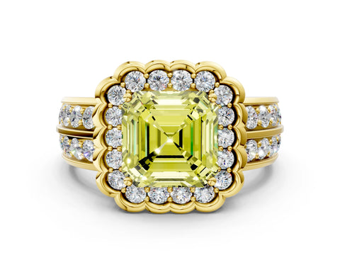 Yellow gold Fancy Yellow Asscher Cut Halo Diamond Split Shank Ring with Scalloped Prong Setting