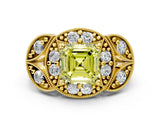 Yellow gold Fancy Yellow Asscher Cut Halo Milgrain Diamond Engagement Ring with Leaf Band and Four-Prong Setting