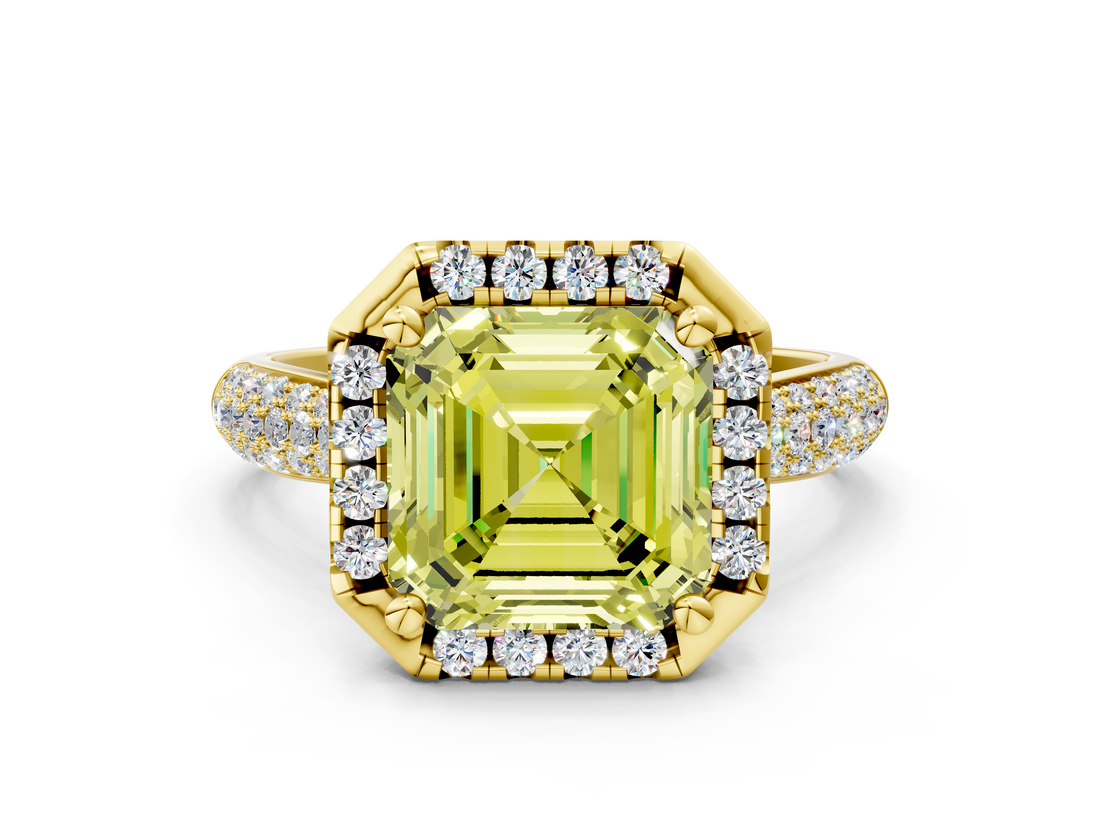 Yellow gold Fancy Yellow Asscher  Cut Halo Pave Band Four-Prong Setting Ring
