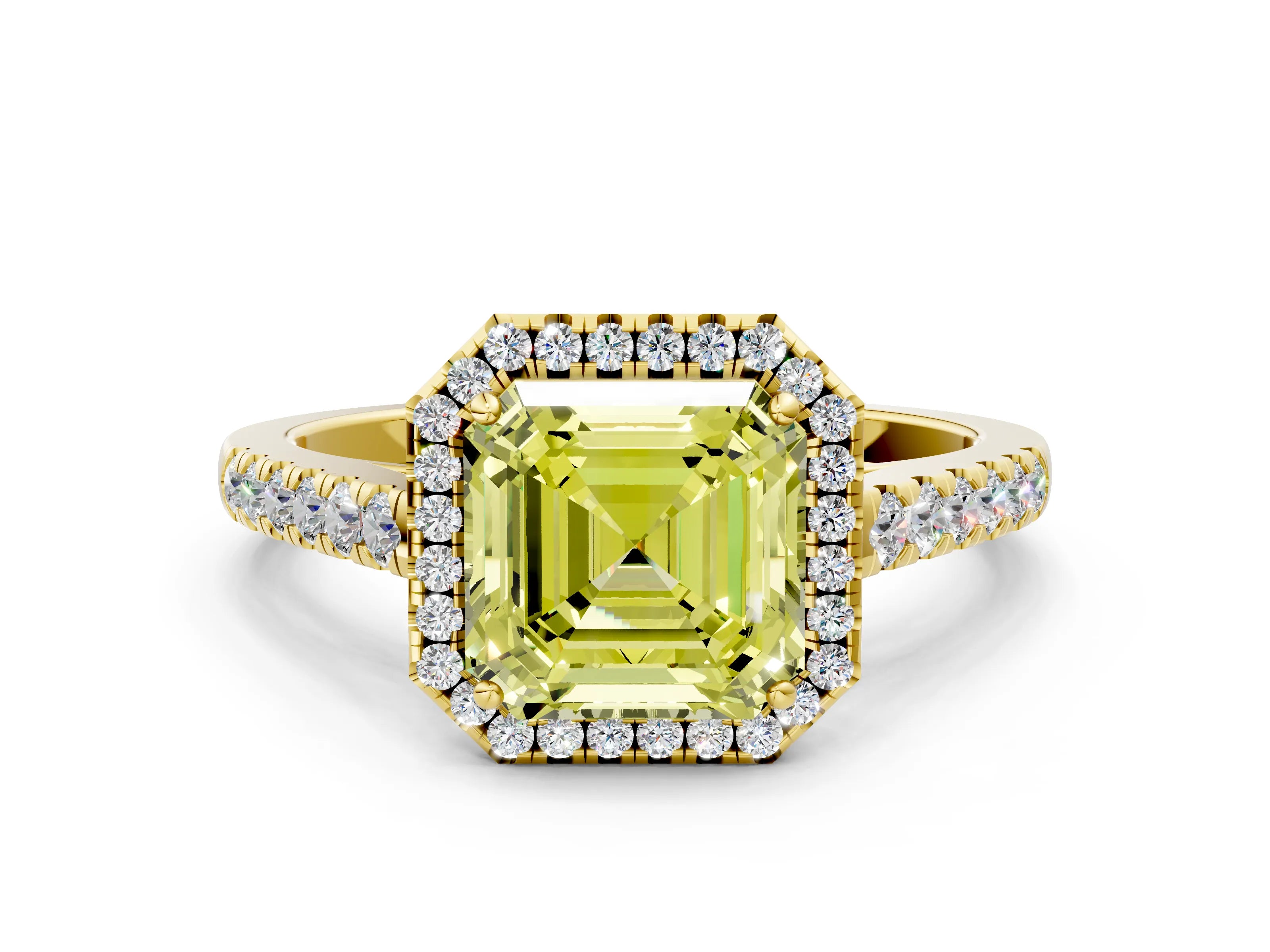 Yellow gold Fancy Yellow Asscher Cut Halo Pave Diamond Engagement Ring with Four-Prong Setting