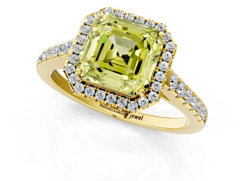 Yellow gold Fancy Yellow Asscher Cut Halo Pave Diamond Engagement Ring with Four-Prong Setting_1