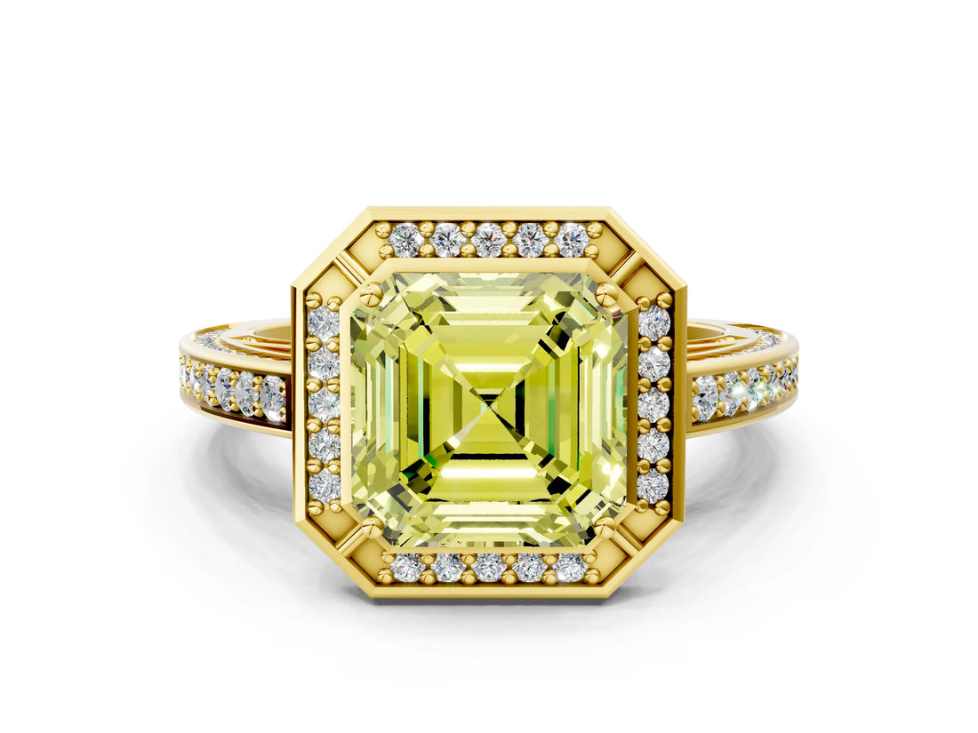 Yellow gold Fancy Yellow Asscher  Cut Halo Pave Split Shank Prong Setting Ring_51