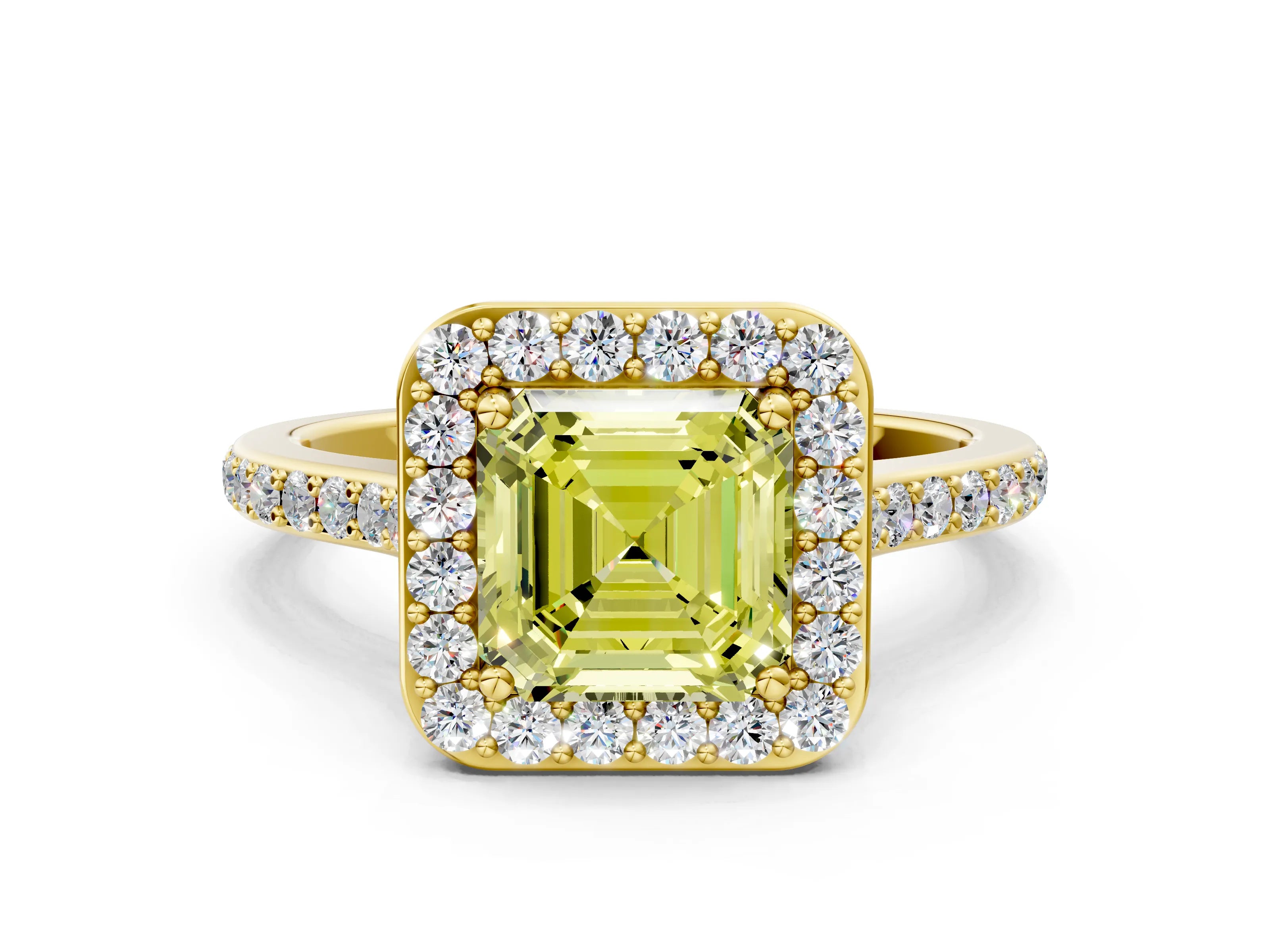 Yellow gold Fancy Yellow Asscher Cut Halo Round Diamond Pavé Band with Four-Prong Setting_3
