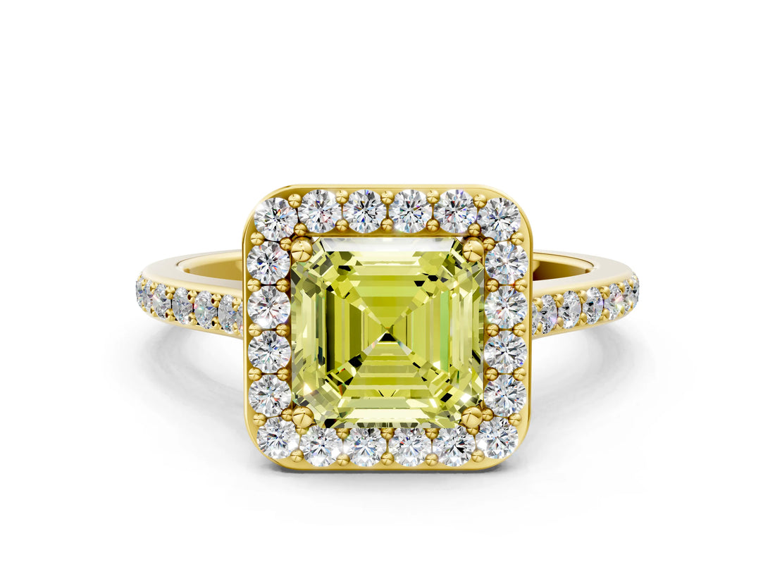 Yellow gold Fancy Yellow Asscher Cut Halo Round Diamond Pavé Band with Four-Prong Setting_3