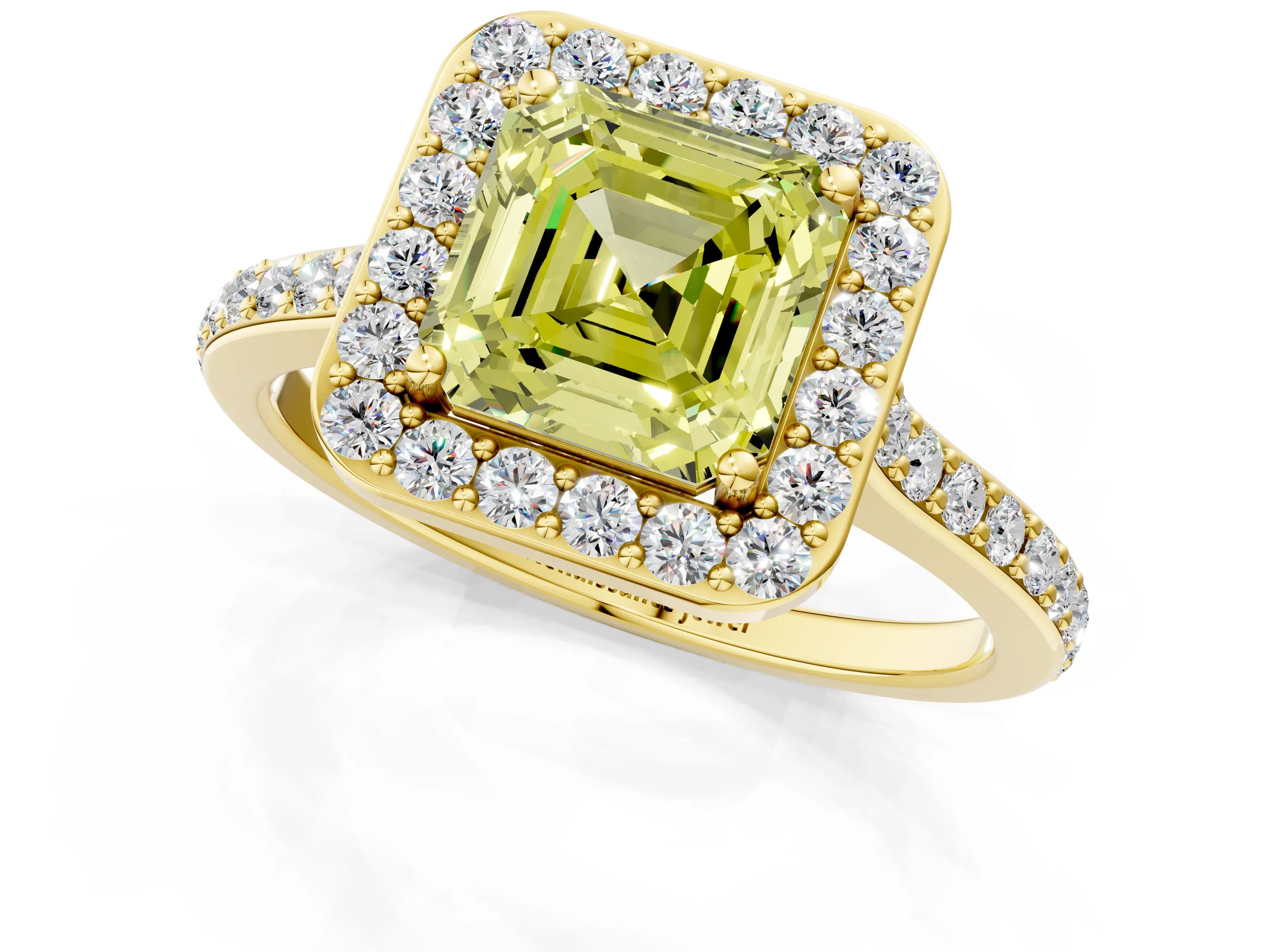 Yellow gold Fancy Yellow Asscher Cut Halo Round Diamond Pavé Band with Four-Prong Setting_4