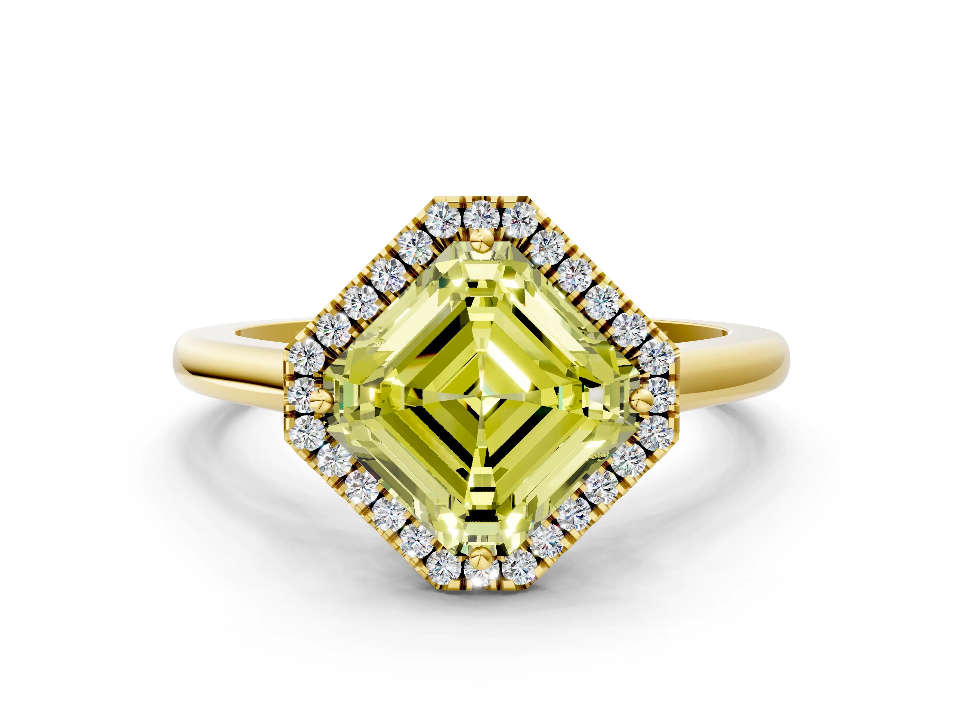 Yellow gold Fancy Yellow Asscher Cut Halo Round Diamond Solitaire Engagement Ring with Pave Band and Four-Prong Setting_12