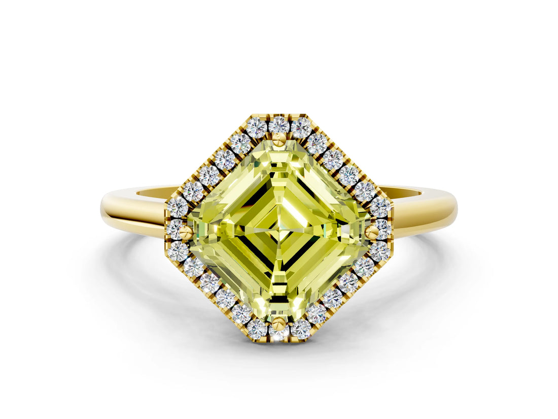 Yellow gold Fancy Yellow Asscher Cut Halo Round Diamond Solitaire Engagement Ring with Pave Band and Four-Prong Setting_12