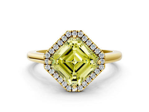 Yellow gold Fancy Yellow Asscher Cut Halo Round Diamond Solitaire Engagement Ring with Pave Band and Four-Prong Setting_12