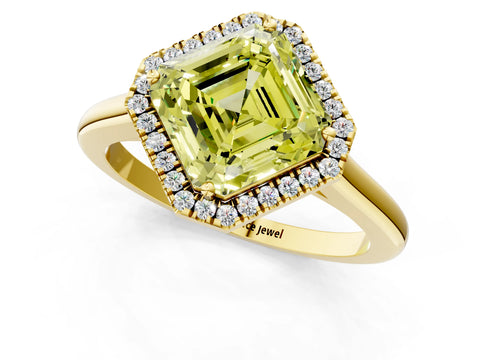 Yellow gold Fancy Yellow Asscher Cut Halo Round Diamond Solitaire Engagement Ring with Pave Band and Four-Prong Setting_13