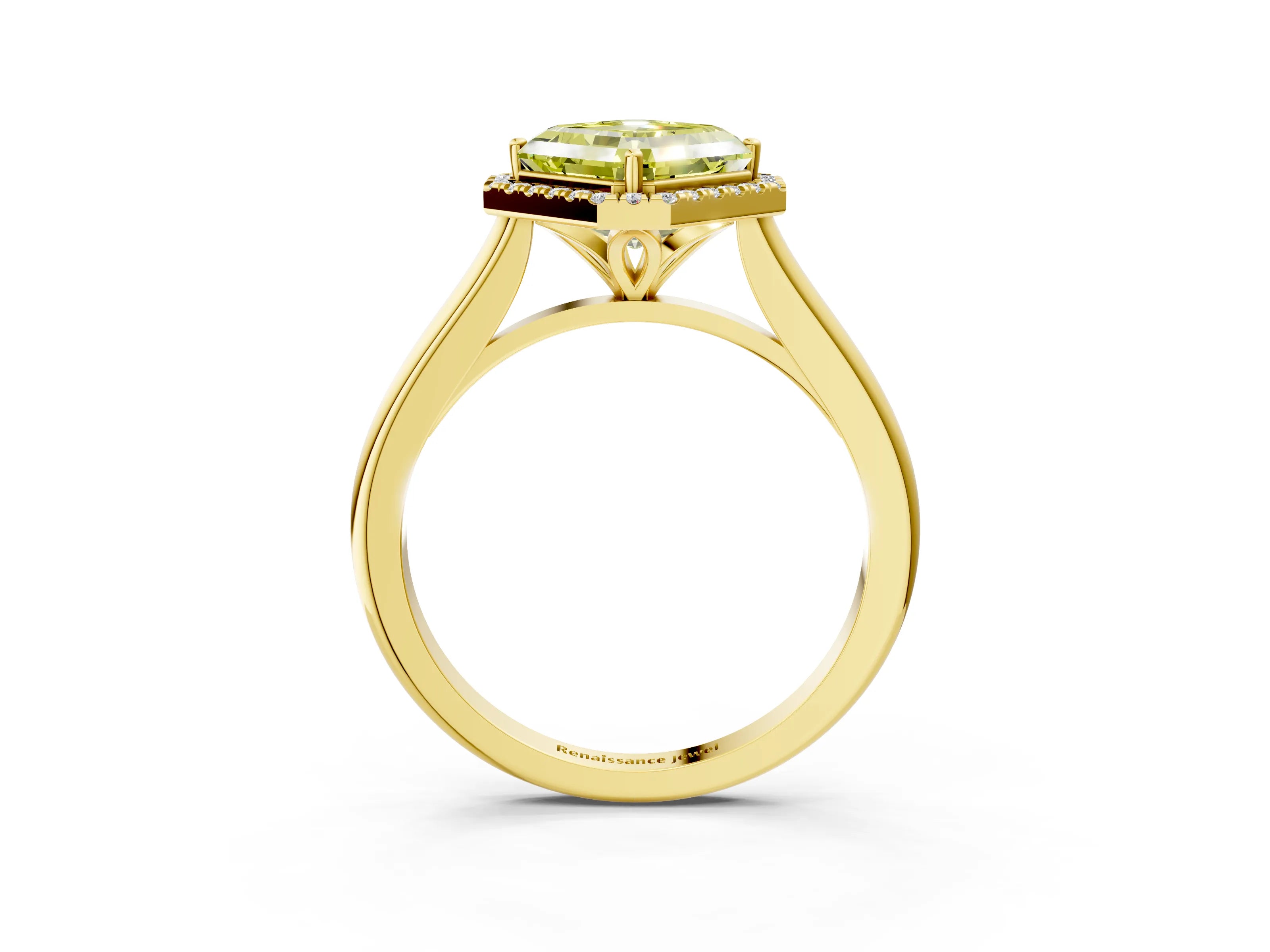 Yellow gold Fancy Yellow Asscher Cut Halo Round Diamond Solitaire Engagement Ring with Pave Band and Four-Prong Setting_15