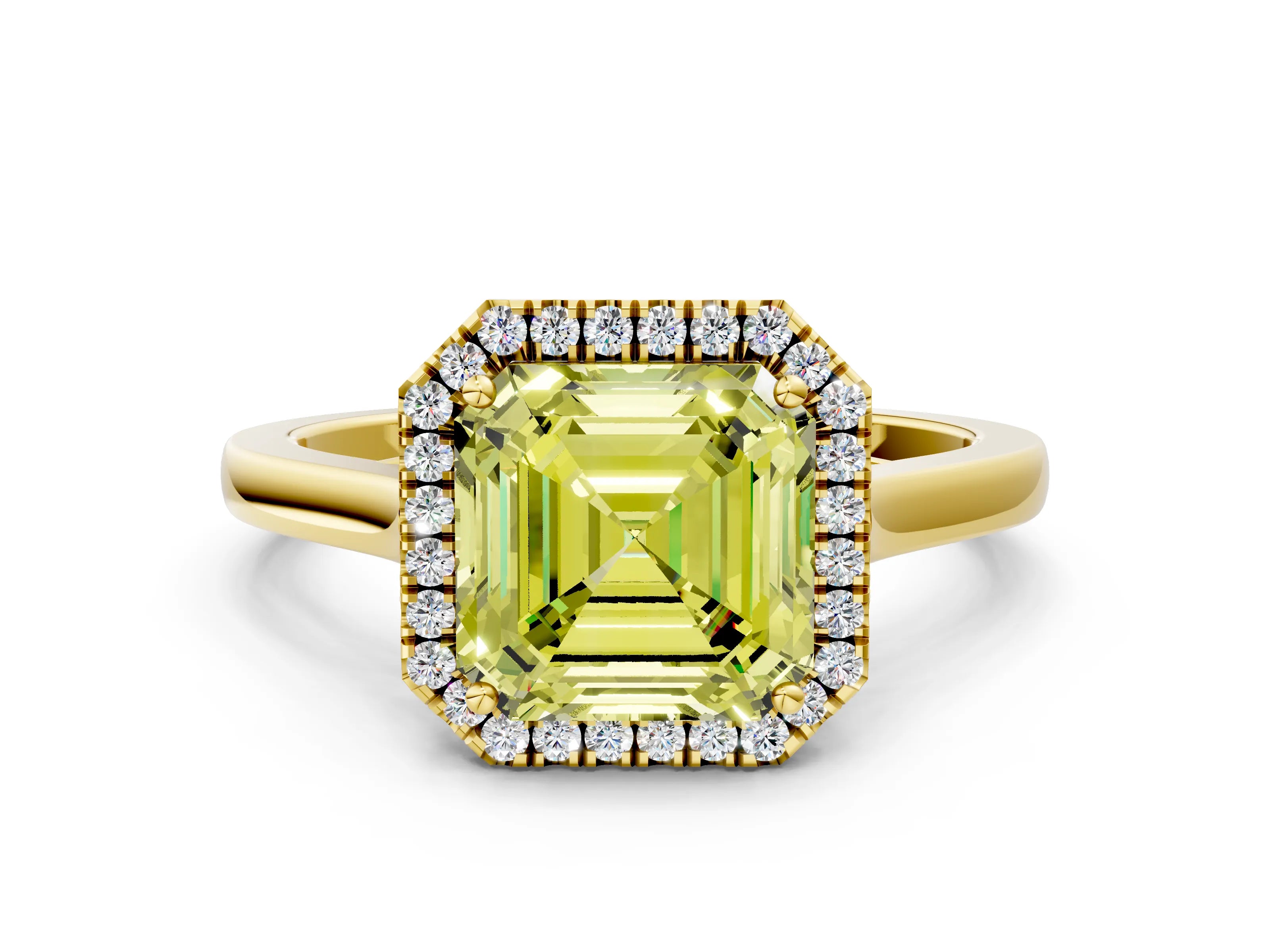Yellow gold Fancy Yellow Asscher Cut Halo Round Diamond Solitaire Ring with Pavé Band and Four-Prong Setting