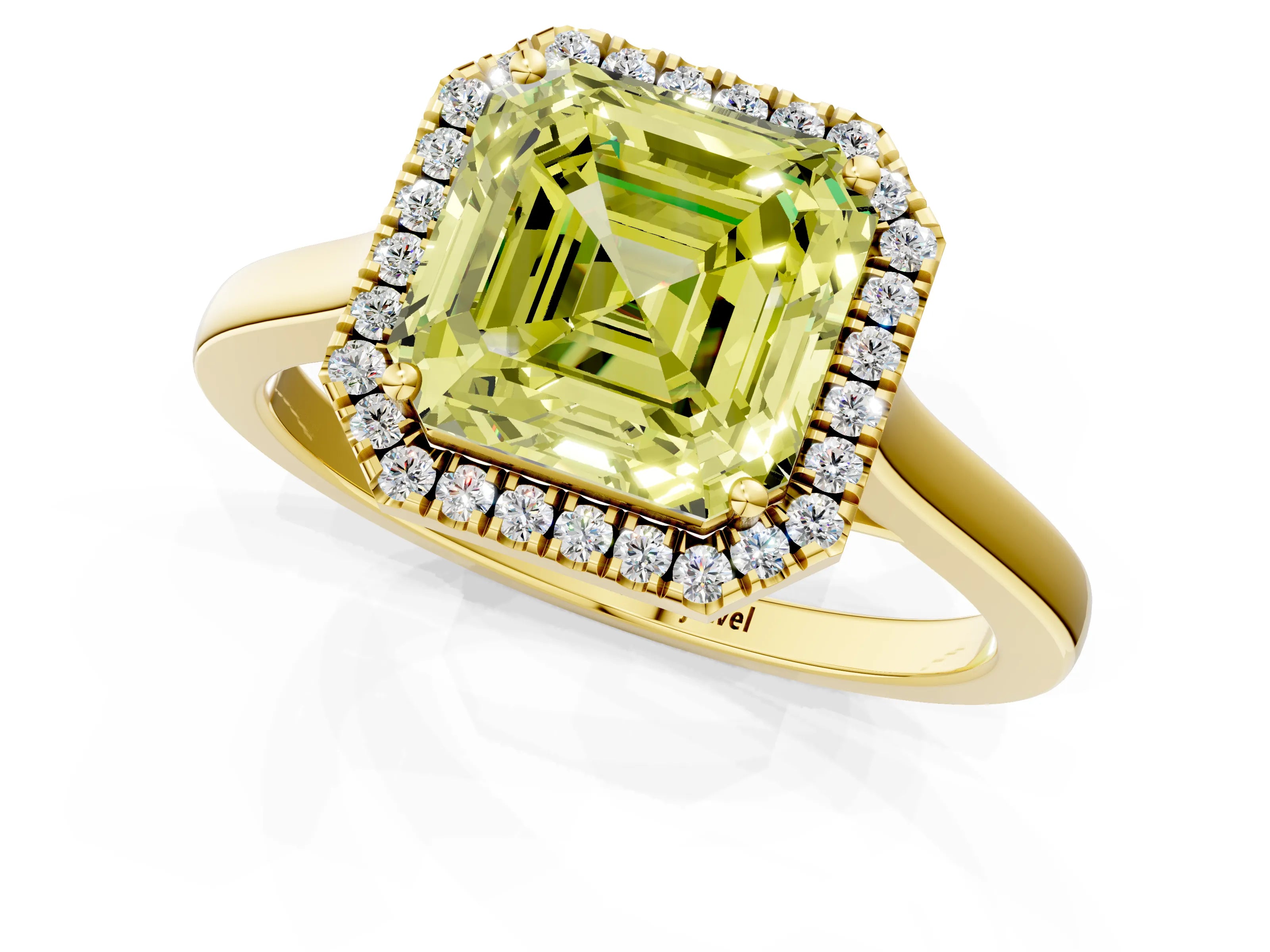 Yellow gold Fancy Yellow Asscher Cut Halo Round Diamond Solitaire Ring with Pavé Band and Four-Prong Setting_1