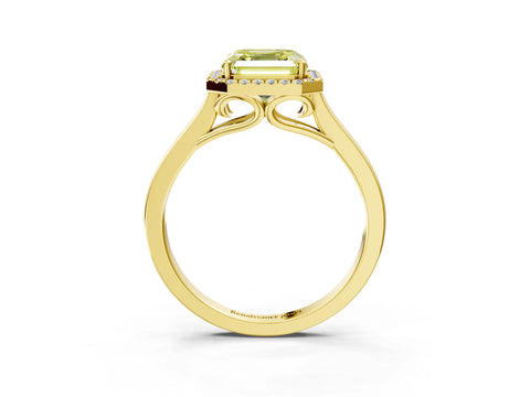 Yellow gold Fancy Yellow Asscher Cut Halo Round Diamond Solitaire Ring with Pavé Band and Four-Prong Setting_3