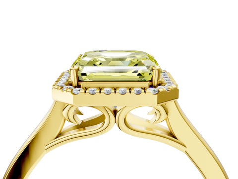 Yellow gold Fancy Yellow Asscher Cut Halo Round Diamond Solitaire Ring with Pavé Band and Four-Prong Setting_4