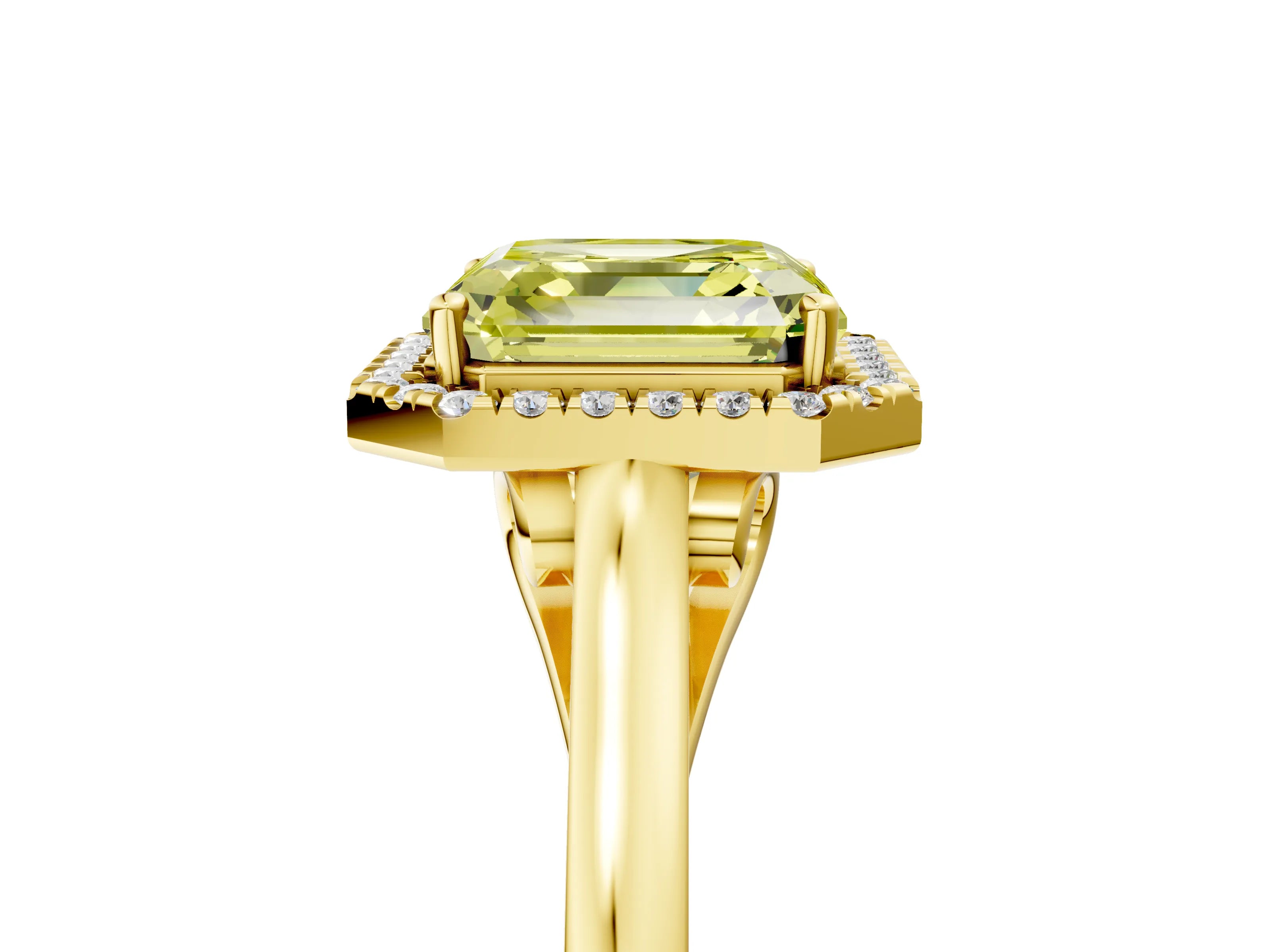 Yellow gold Fancy Yellow Asscher Cut Halo Round Diamond Solitaire Ring with Pavé Band and Four-Prong Setting_5