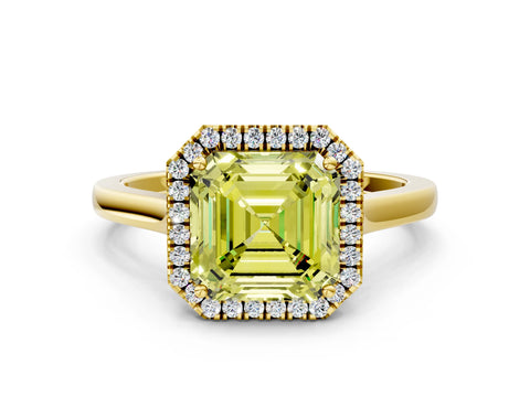 Yellow gold Fancy Yellow Asscher Cut Halo Round Diamond Solitaire Ring with Pavé Band and Four-Prong Setting