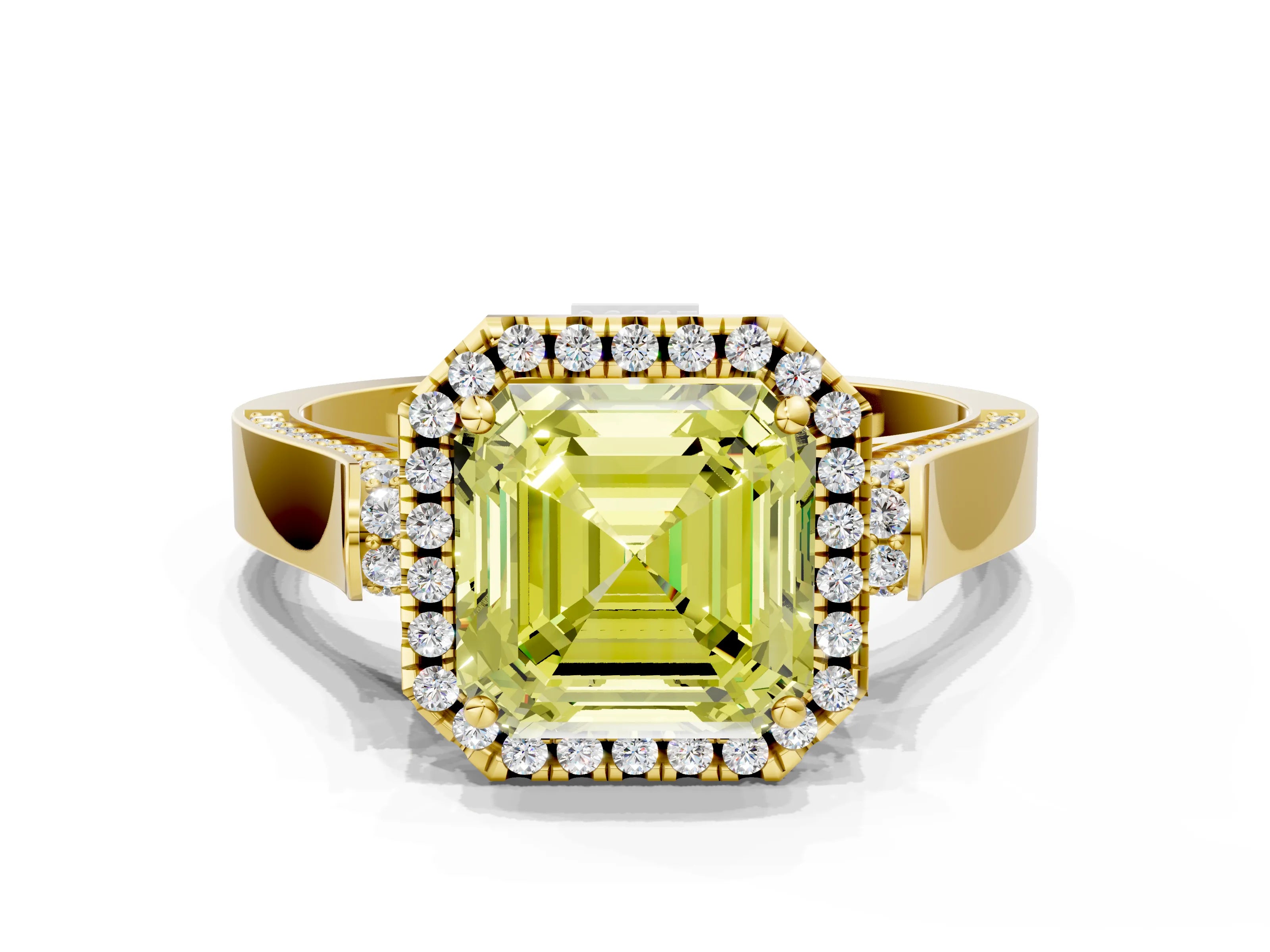 Yellow gold Fancy Yellow Asscher Cut Halo Round Diamond Twist Band with Four-Prong Setting