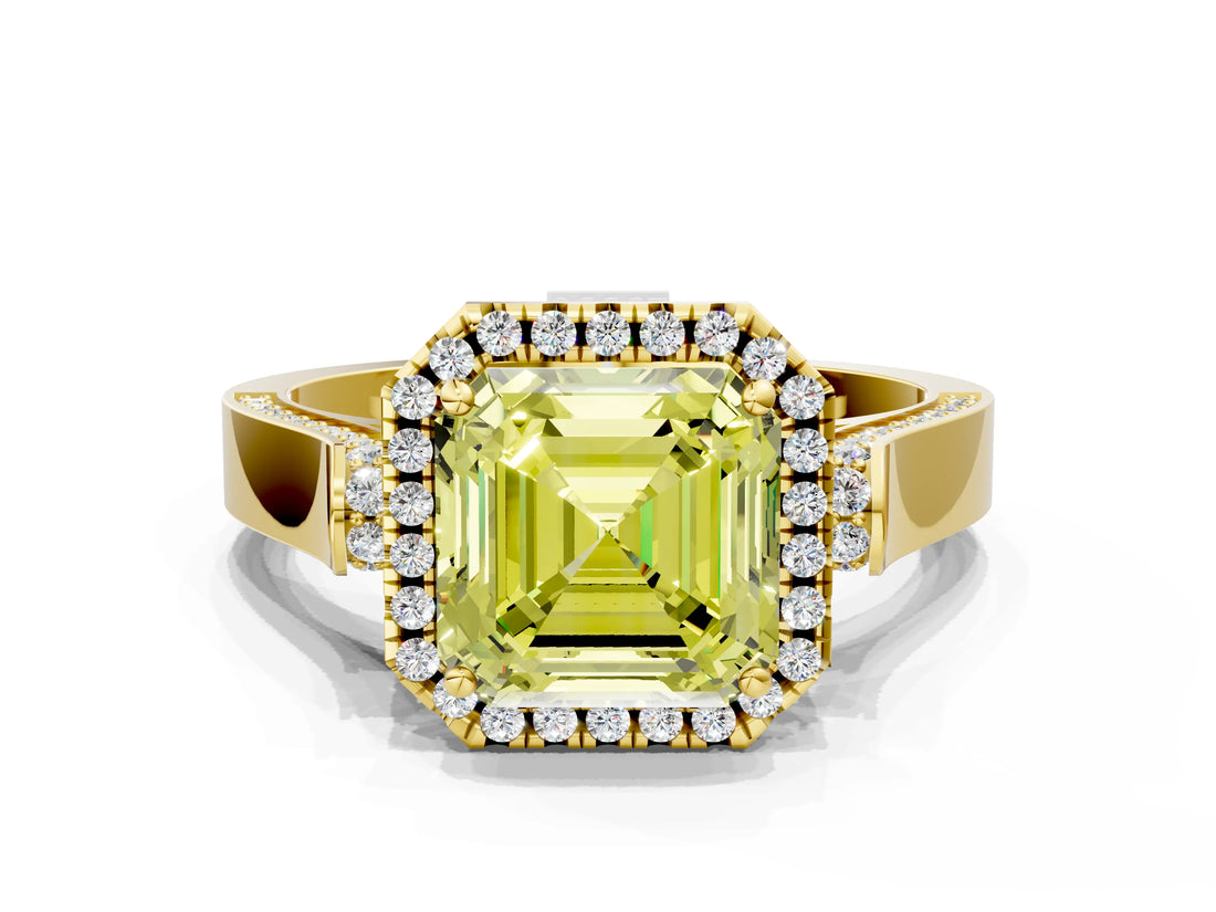 Yellow gold Fancy Yellow Asscher Cut Halo Round Diamond Twist Band with Four-Prong Setting
