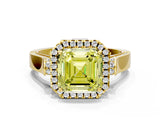 Yellow gold Fancy Yellow Asscher Cut Halo Round Diamond Twist Band with Four-Prong Setting