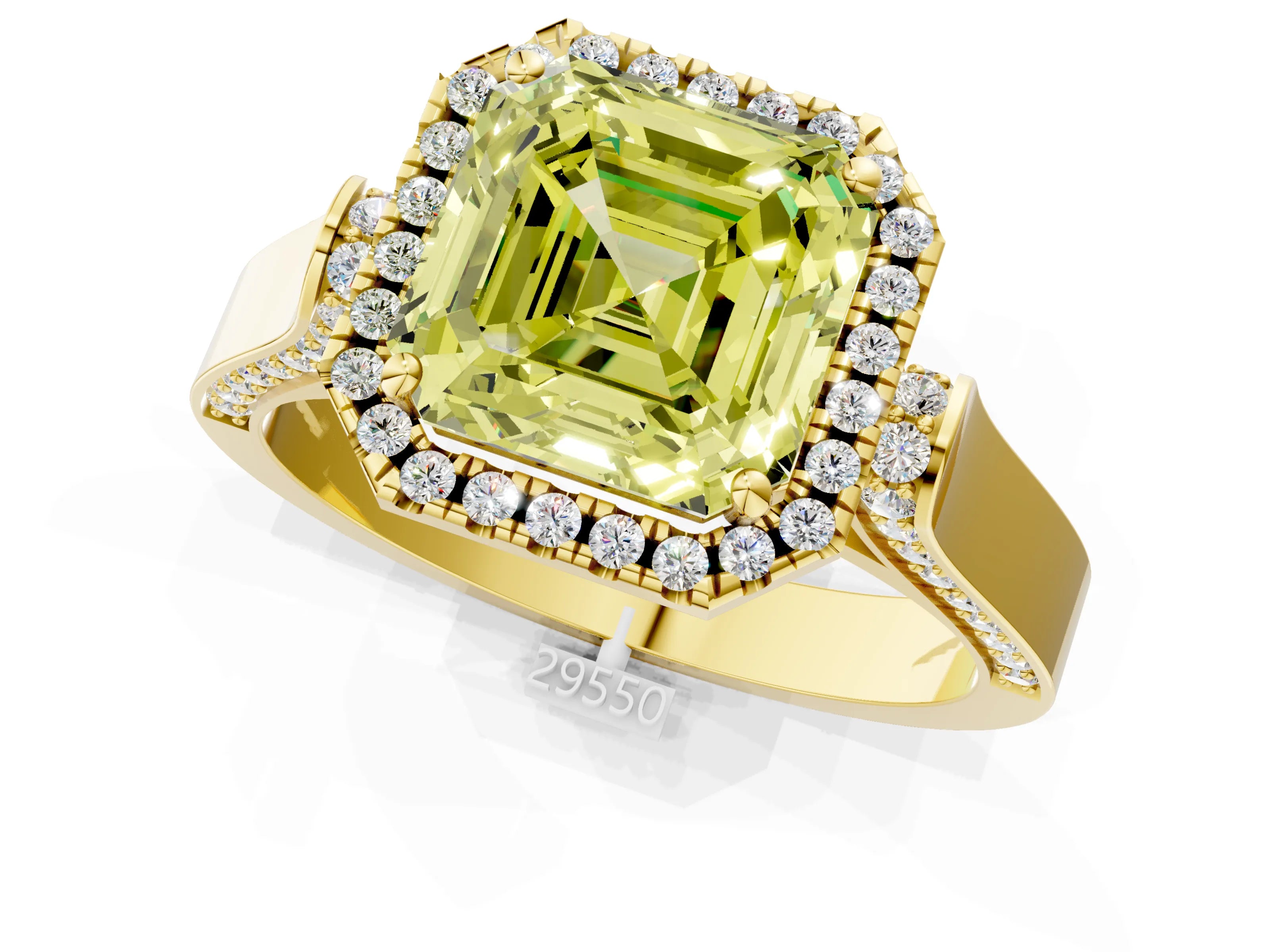 Yellow gold Fancy Yellow Asscher Cut Halo Round Diamond Twist Band with Four-Prong Setting_1