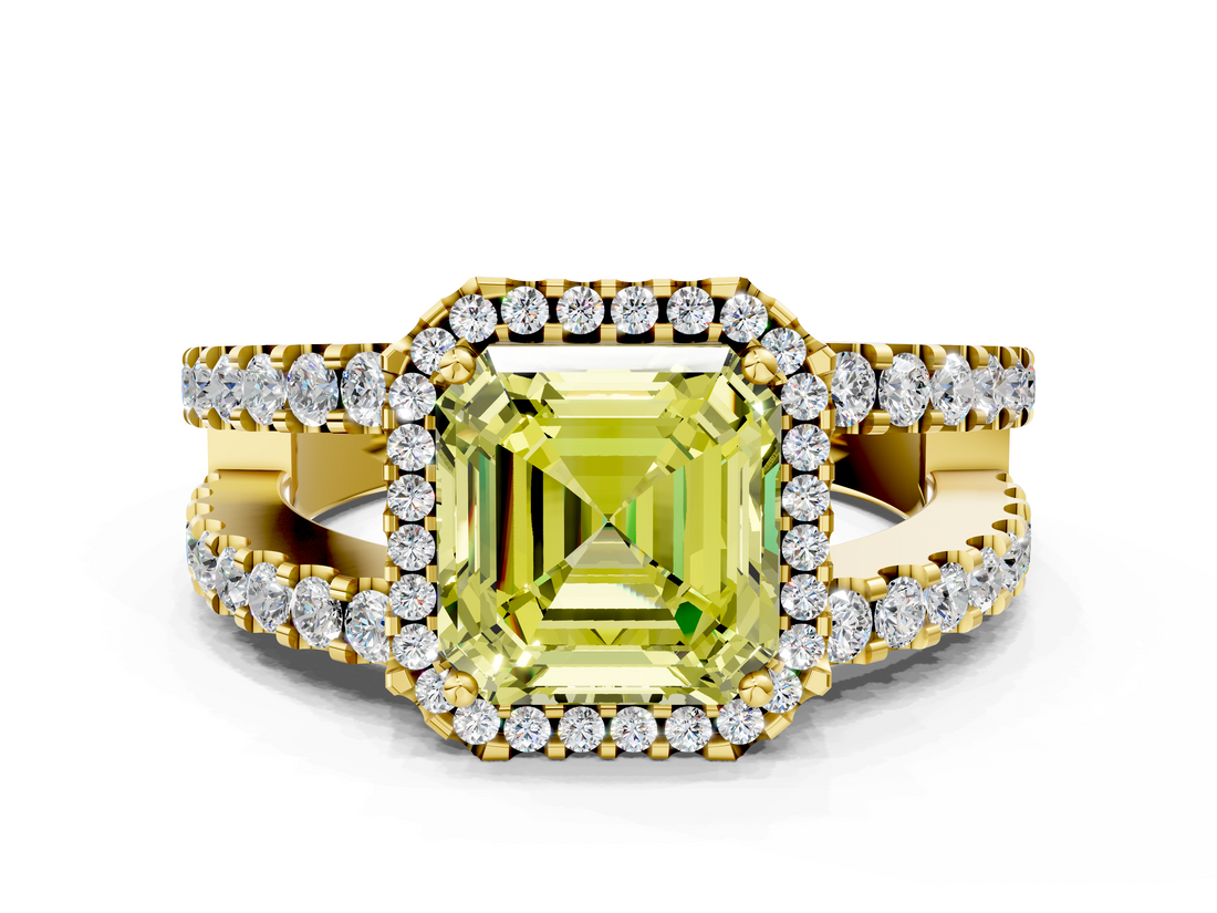 Yellow gold Fancy Yellow Asscher  Cut Halo Split Shank Diamond Ring with Four-Prong Setting