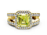 Yellow gold Fancy Yellow Asscher  Cut Halo Split Shank Diamond Ring with Four-Prong Setting