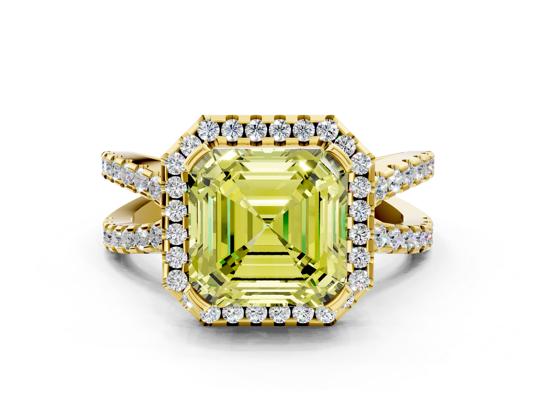 Yellow gold Fancy Yellow Asscher  Cut Halo Split Shank Pave Set Ring_17