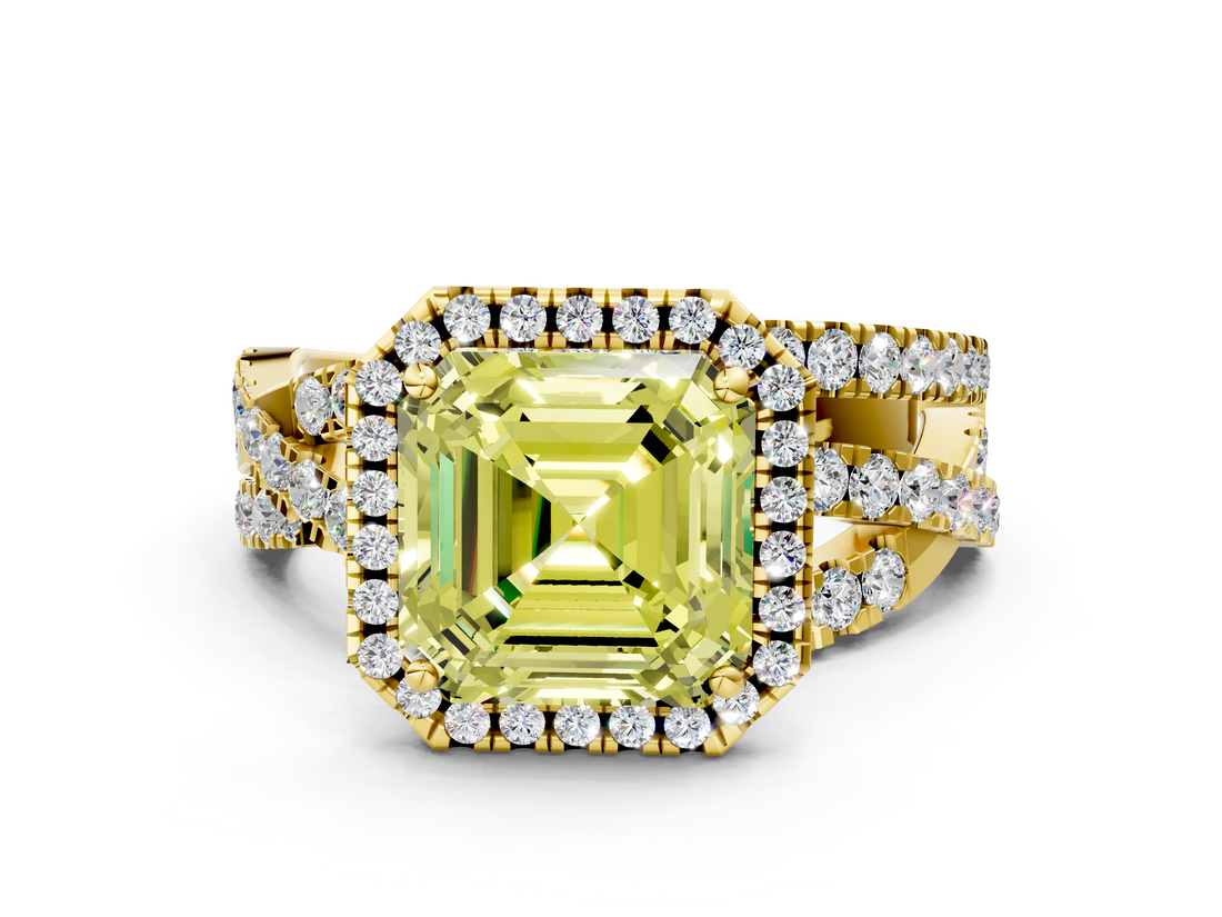 Yellow gold Fancy Yellow Asscher  Cut Halo Split Shank Prong Setting Ring_17