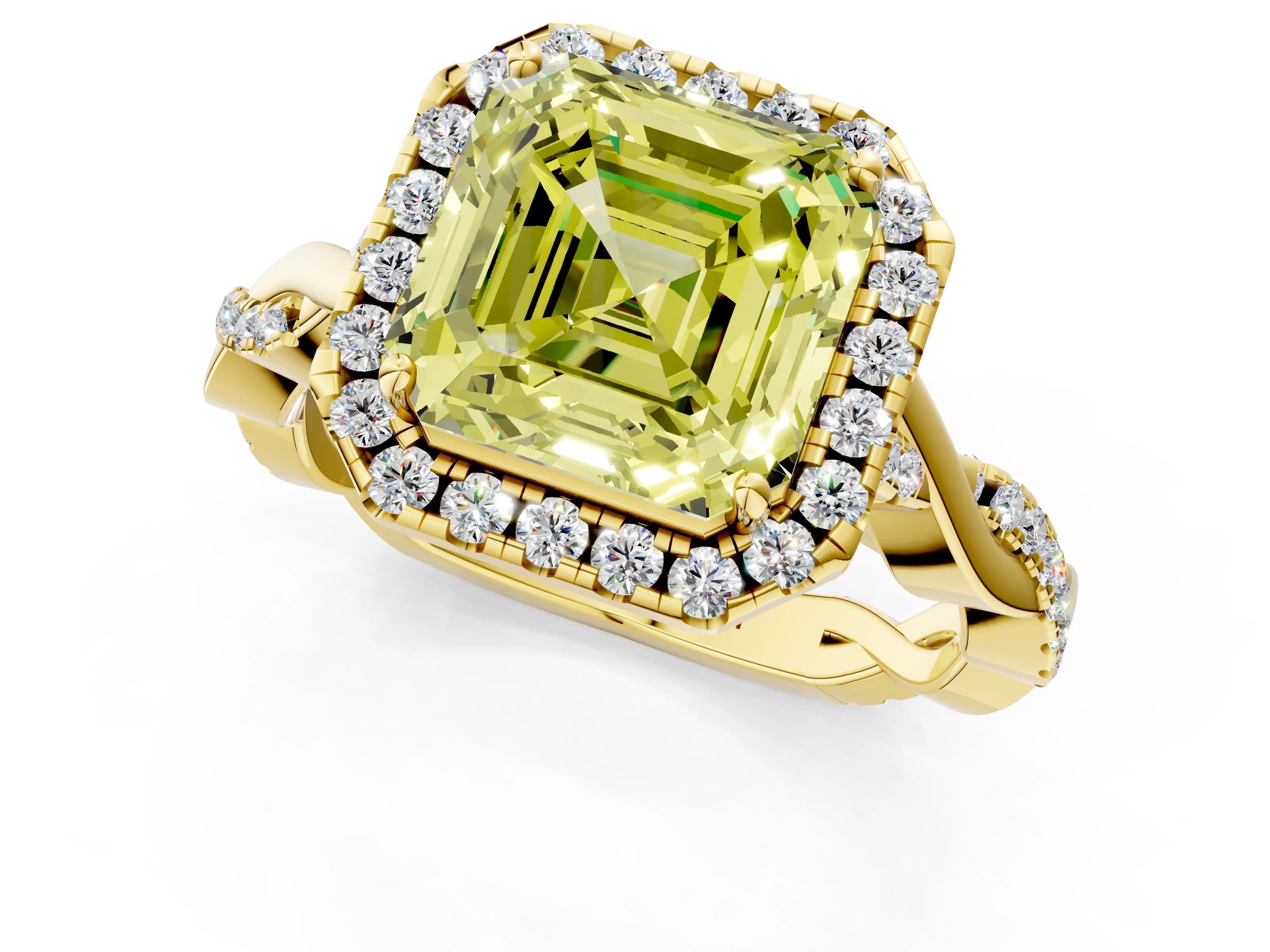 Yellow gold Fancy Yellow Asscher Cut Halo Twist Band with Four-Prong Setting_1
